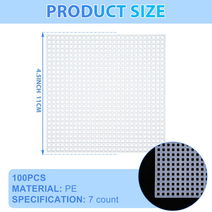 100 Pcs Square Plastic Canvas Mesh Sheets, 4.5'' Square Shape Needlepoint Canvas White Blank Canvas Plastic Mesh Mat for Needlework Embroidery Yarn Crafting Knit Crochet Project, 7 Count