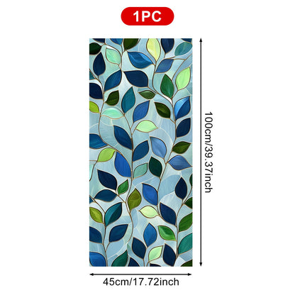 HOMETITUTE Green Leaf Window Privacy Film Blue Stained Glass Privacy Stained Glass Window Film Decorative Living Room Sun Blocking Decor Removable Static Cling Sticker 17.71x39.97inch
