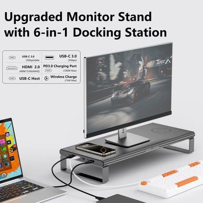 JINRAIKO Monitor Stand with Docking Station, Aluminum Monitor Riser with 6-in-1 Docking Station: 4K HDMI, USB-C, USB 3.0, PD 100W, Wireless Charging,Metal Desk Stand with Storage-Silver Gray