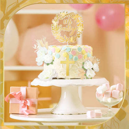 9 Pcs Mi Bautizo Cake Topper Gold Cross and Dried Flower Decor Set First Holy Communion Baptism Cake Pick Religious God Bless Baptism Cake Decoration for Celebration Milestones Decor