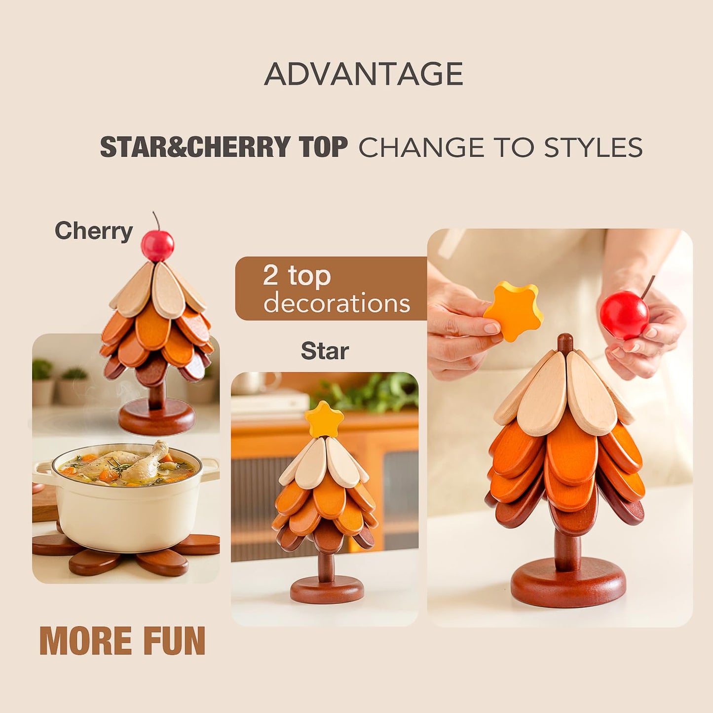 Zozotiny 2 Toppers Wooden Tree Trivets Set of 4 for Hot Dishes, Wood Cup Coasters for Drinks, Hot Pads for Hot Pot/Hot Pan & Plate, Christmas Modern Kitchen Counter Decor, Cooking Accessories