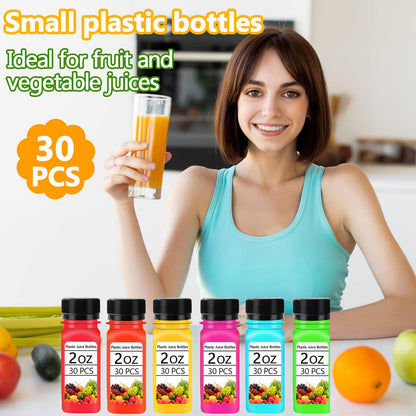 30PCS 2oz Small Plastic Shot Bottles with Caps,Reusable Clear Juice Containers,Empty Plastic Containers with 10 Funnels for Ginger Shots,Liquids,Beverages