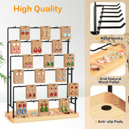 GEAMSAM Jewelry Display for Vendors, 36 Hooks Earring Display Stands for Selling, Earring Holder Organizer for Earring Cards, Bracelets, Necklaces, Rings, Keychains Retail-Burlywood