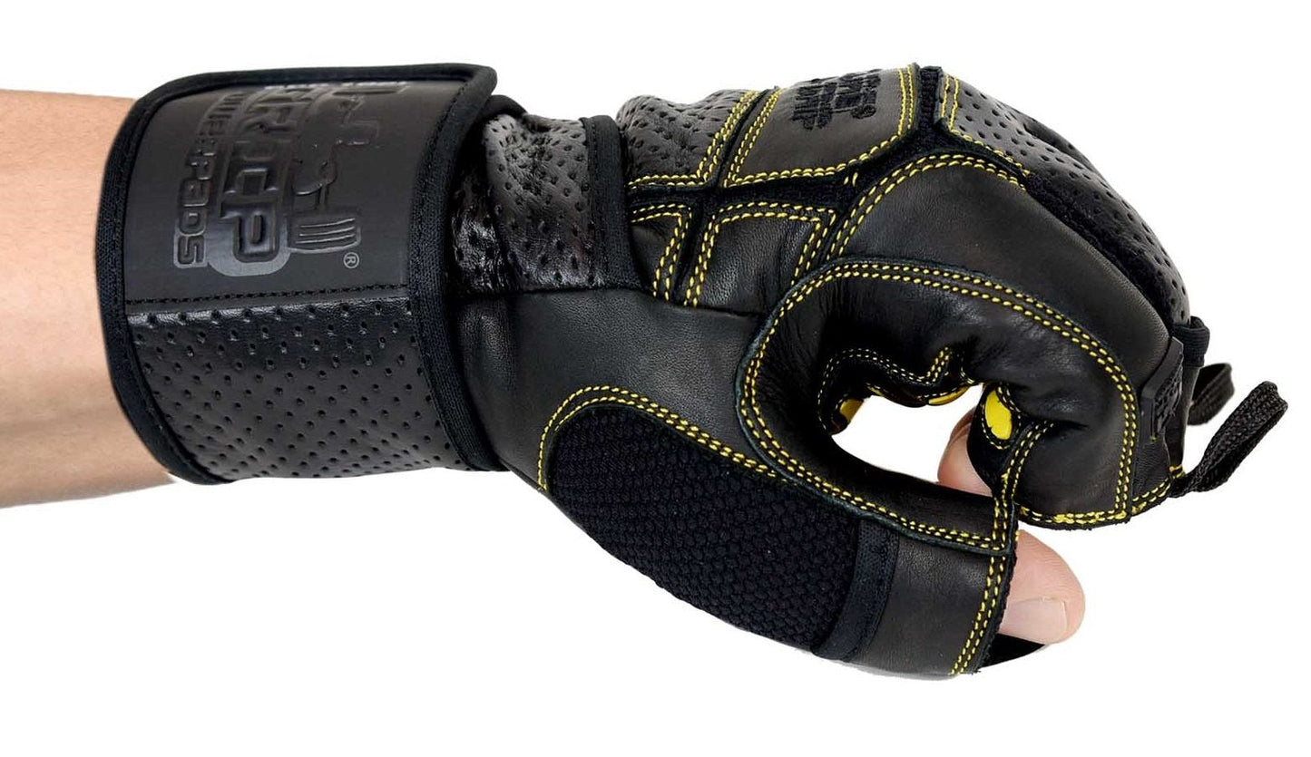 Elite Leather Gym Gloves with Built in 2" Wide Wrist Wraps Grip & Design for Weightlifting Power Lifting Bodybuilding & Strength Training Workout Exercises