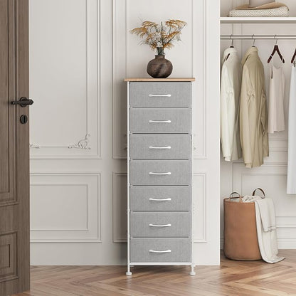Fixwal Tall Dresser for Bedroom, Storage Dresser Organizer with 7 Fabric Drawers, Nightstand Furniture in Closet, Entryway, Hallway, Light Grey
