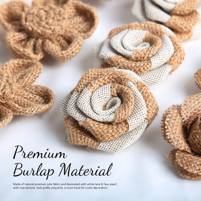LEOBRO 33PCS Handmade Burlap Flowers Set, 8 Styles Rustic Artificial Flowers & 3 Styles Craft Burlap Lace Pearl Bowknot, for Wedding Home Decoration Christmas Party DIY Craft Bouquets