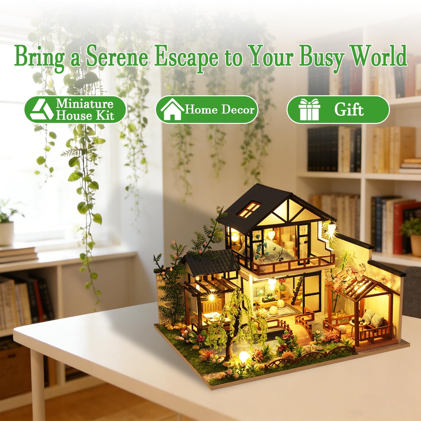 OZJAY DIY Miniature House Kit, Tiny House Kit with LED, DIY Wooden Dollhouse Miniature Kit for Adults Teen, Dollhouse Kit, Mini House Kit for Birthday Christmas Father's Day, Bamboo Stream Garden