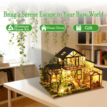 OZJAY DIY Miniature House Kit, Tiny House Kit with LED, DIY Wooden Dollhouse Miniature Kit for Adults Teen, Dollhouse Kit, Mini House Kit for Birthday Christmas Father's Day, Bamboo Stream Garden