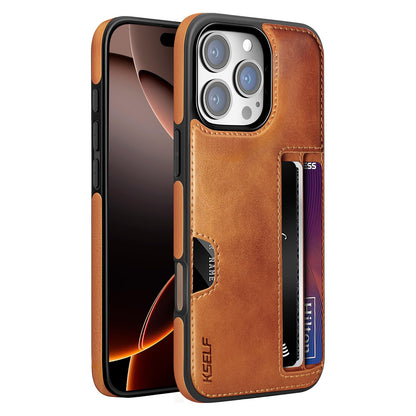 KSELF Leather Case for iPhone 16 Pro Max with Card Holder Soft Leather Wallet Case, Protective Slim Shockproof Phone Cover for Man Women (Brown)