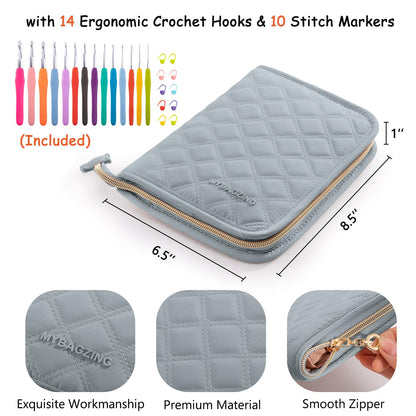 MYBAGZING Crochet Hook Set with Storage Case – 14 Ergonomic Crochet Hooks(2mm(B)-10mm(N), 10 Stitch Markers, Crochet Organizer for Crochet Needles, Accessories, and Supplies