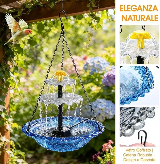 Solar Fountain for Bird Bath，Solar Cascade Hanging Bird Bath Fountain，Large Humming Birds Baths Fountains, with Solars Pump & Glass Bowl, for Outdoor, Gardens (Blue)