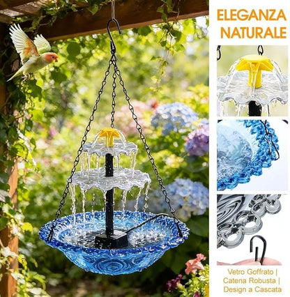 Solar Fountain for Bird Bath，Solar Cascade Hanging Bird Bath Fountain，Large Humming Birds Baths Fountains, with Solars Pump & Glass Bowl, for Outdoor, Gardens (Blue)