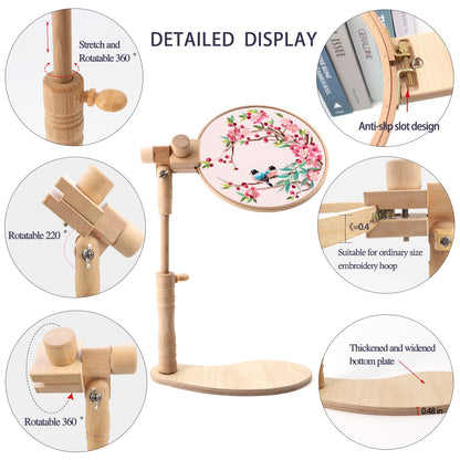 ZOCONE Beech Wood Adjustable Rotated Embroidery Hoop Stand with 2 Pcs 6'' 8'' Embroidery Hoops, Wooden Embroidery Stand, Embroidery Hoop Holder for Cross Stitch and Embroidery Project (A)
