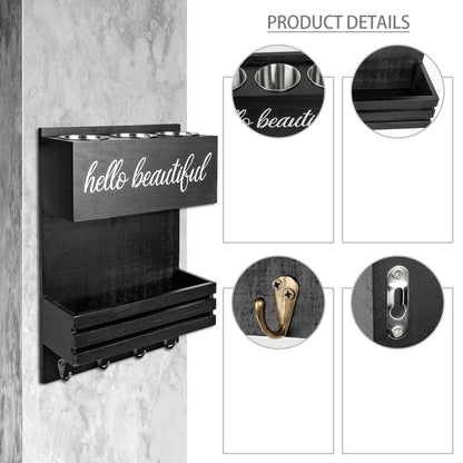Cokritsm Wooden Hair Dryer Holder Wall-Mounted - 2 Tier Bathroom Storage Shelf Cosmetic & Hairdressing Tools Organizer for Bathroom Countertop/Vanity (Black)