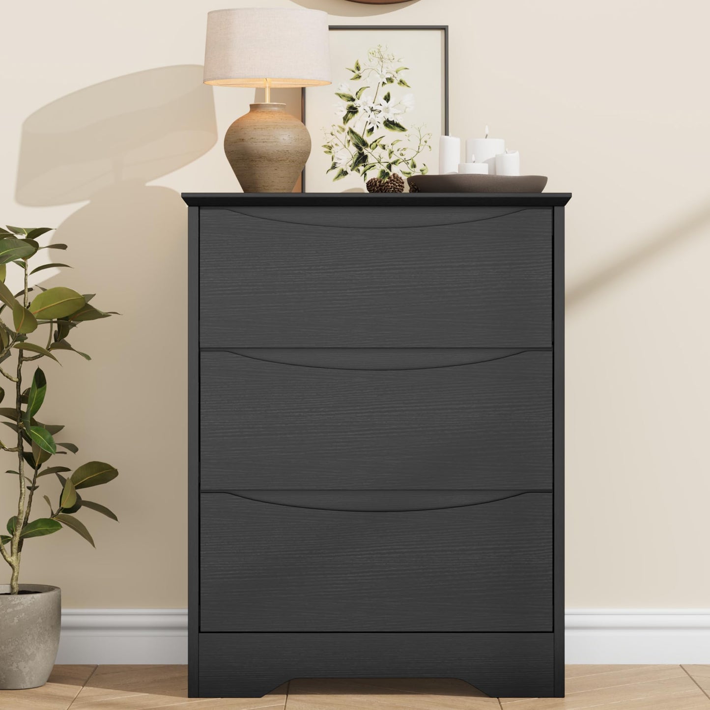 GarveeHome Wooden Dresser with 3 Drawers, Tall Modern Closet with Deep Storage, Large Chest of Drawers with Wide Top, Long Storage Dresser for Bedroom, Living Room, Hallway, Kids Room, Black