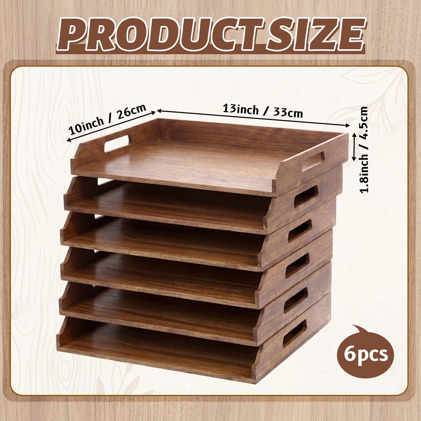 AceOrbit 6 Pcs Stackable Paper Tray Acacia Wood Desk Organizer Letter Tray 6 Tier Wooden File Organizer Desk Shelf for Documents, Letter Sorter, Envelopes and Magazine Holder