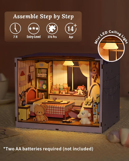 DIY Miniature House Kit-Bedroom, 3D Wooden Puzzles with LED Light Tiny House Mini House Building Kit for Adults, Wooden Adults Crafts Home Decor Gifts for Parents Friends