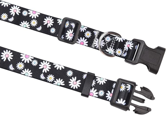 MarukoPet Dog Collar and Leash Set, Adjustable for Small Medium Large Dogs Puppy, Cute Design with Bohemia Floral Tribal Geometric Patterns Boys Girls Dog Collar(Black Daisy Set,M)