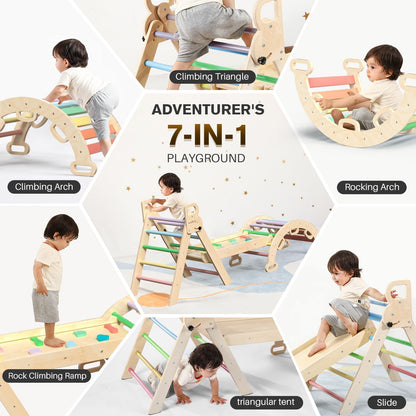 BlueWood Pikler Triangle Set with Safe Handle, Foldable 7-in-1 Montessori Toddler Climbing Toys Indoor, Wooden Pickler Climbing Set, Baby Jungle Gym & Playground, Climbing Toys for 1-3 Year, Rainbow