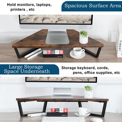 TEAMIX 26 inch Triangle Monitor Stand Riser, Desktop Corner Shelf with Metal Leg Wood Computer Stand with Storage Laptop Riser Office Organization