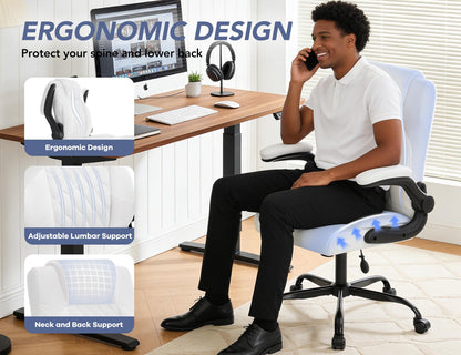 Office Chair with Adjustable Inflatable Lumbar Support,Leather Ergonomic Computer Desk Chair with Flip-up Arms,Adjustable Tilt Lock,Swivel Rolling Executive PC Chair for Work,Study,Meeting.White