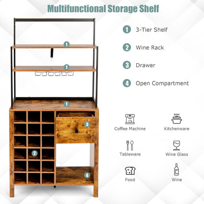 Giantex Wine Cabinet 18 Bottles, Buffet Hutch with Storage Drawer, Wooden Sideboard Wine Rack, Metal Spice Bakers Rack with Glass Holder, Kitchen Microwave Stand Living Room (Rustic Brown)