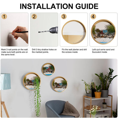 VEVLU Gold Metal Wall Planter Set of 3, Indoor Metal Hanging Planter with 10Pcs Artificial Succulents Wall Decor Round Succulent Planters Air Plant Pots Container for Cactus Home Office Decor