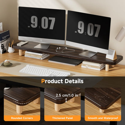 Dual Monitor Stand Riser, 39 Inch Extra Long Wooden Desktop Monitor Riser with Storage for 2 Monitors Ultra Strong Desk Shelf Organizer Riser Ergonomic for 2 Screens/Laptop/PC/TV/Printer (Dark Walnut, 39inches)