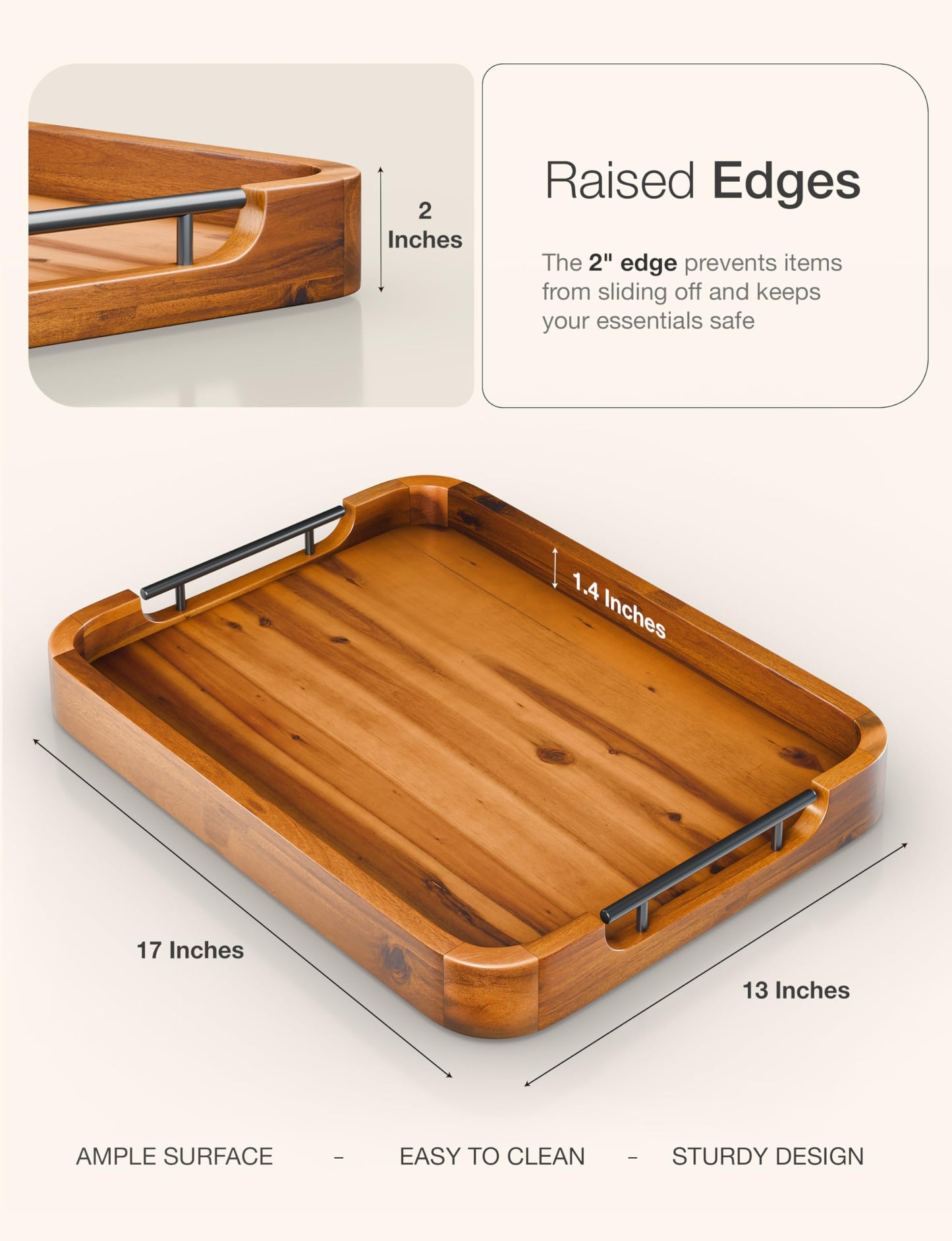 TIDITA Ottoman Tray for Living Room – 17"x13" Rectangle Serving Tray with Handles – Wooden Tray for Coffee Table, Living Room, Breakfast in Bed – Decorative Trays for Ottoman or Couch (Acacia Wood)