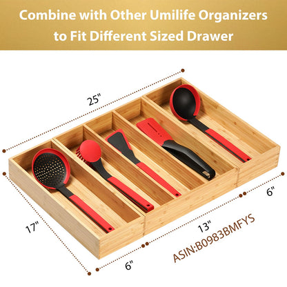 Umilife Bamboo Kitchen Utensils Organizer, Extra Long High Silverware Drawer Holder, Flatware Cutlery Storage Box, Multi-Use Drawer Divider in Office, Bathroom, Pantry - 17"x6"x2.5" (Set of 2)
