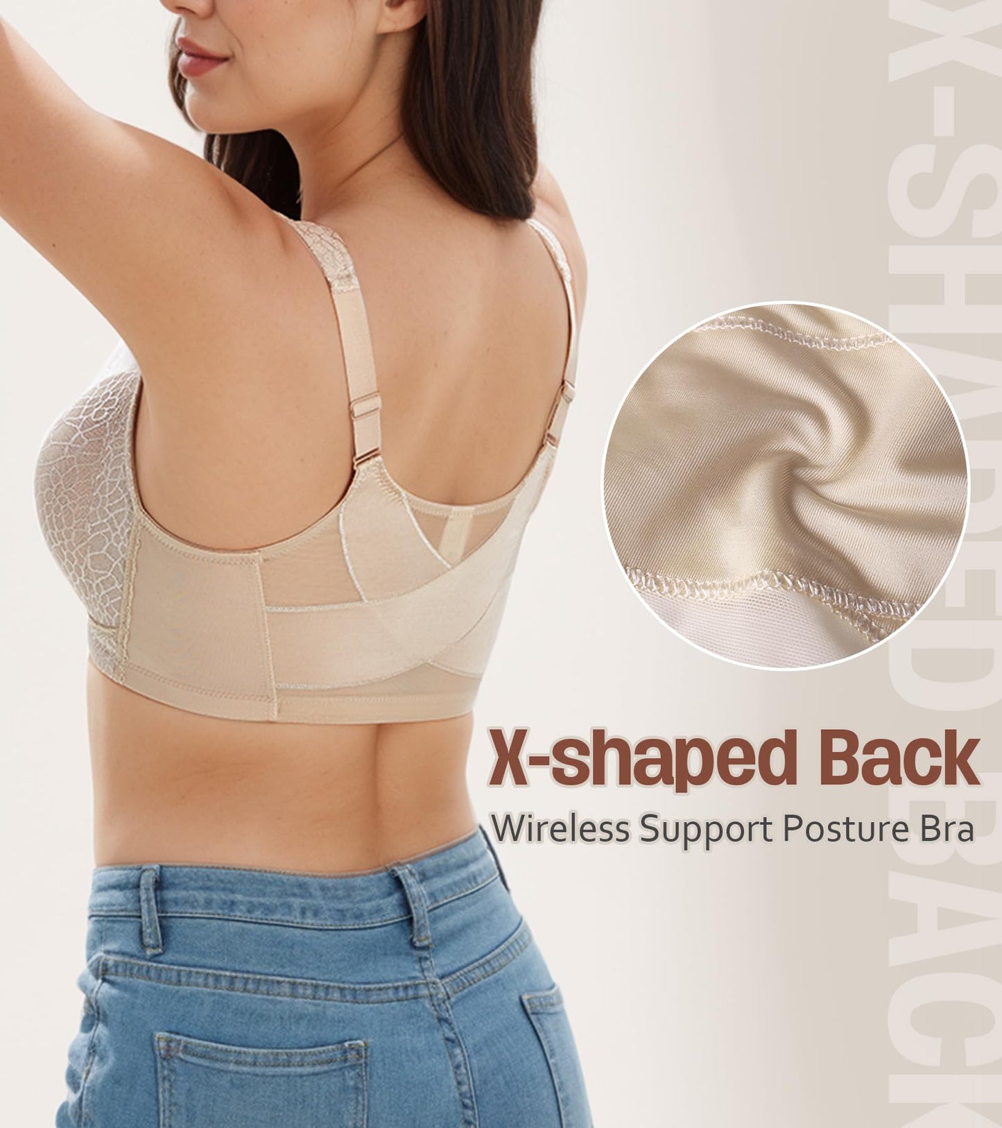 HACI Women's Front Closure Posture Bra Full Coverage Back Support Wireless Unpadded(Beige,38DD)