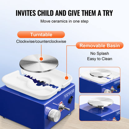 VEVOR Mini Pottery Wheel for Kids and Beginners, Complete Pottery Kit with 2 Turntables 2.6in/3.9in and 17 Accessories Tools, 0-300RPM Speed Adjustable, Craft Christmas Gifts for Kids Teens Adults