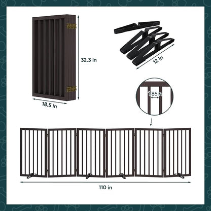 Semiocthome Freestanding Dog Gate Indoor 32" Tall, 6-Panel Wooden Dog Gates for Doorways Stairs, Foldable Pet Gate Safety Fences Indoor (110" W,Espresso)