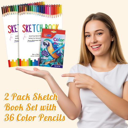 2 Pack Sketch Book with 36 Color Pencil Set, Spiral Kids Sketchbook for Drawing (68lb/100gsm), Acid-Free Sketch Pad for Kids Artist, Art Paper Drawing Supplies for Gifts (9×12 inch)