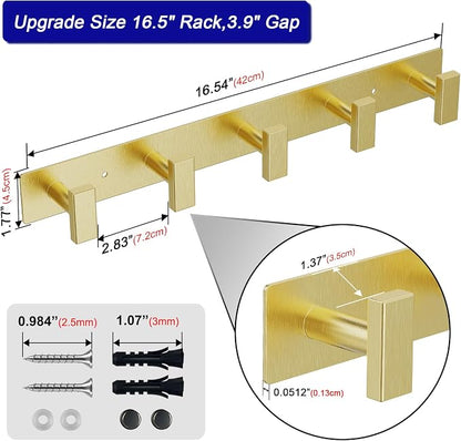 Bntuk Coat Rack Wall Mount - 5 Hat and Coat Hooks, Heavy Duty Towel Racks for Bathroom Entryway, Wall Hooks for Hanging Robes Bags, Hat Rack Key Hanger Organizer (Gold)