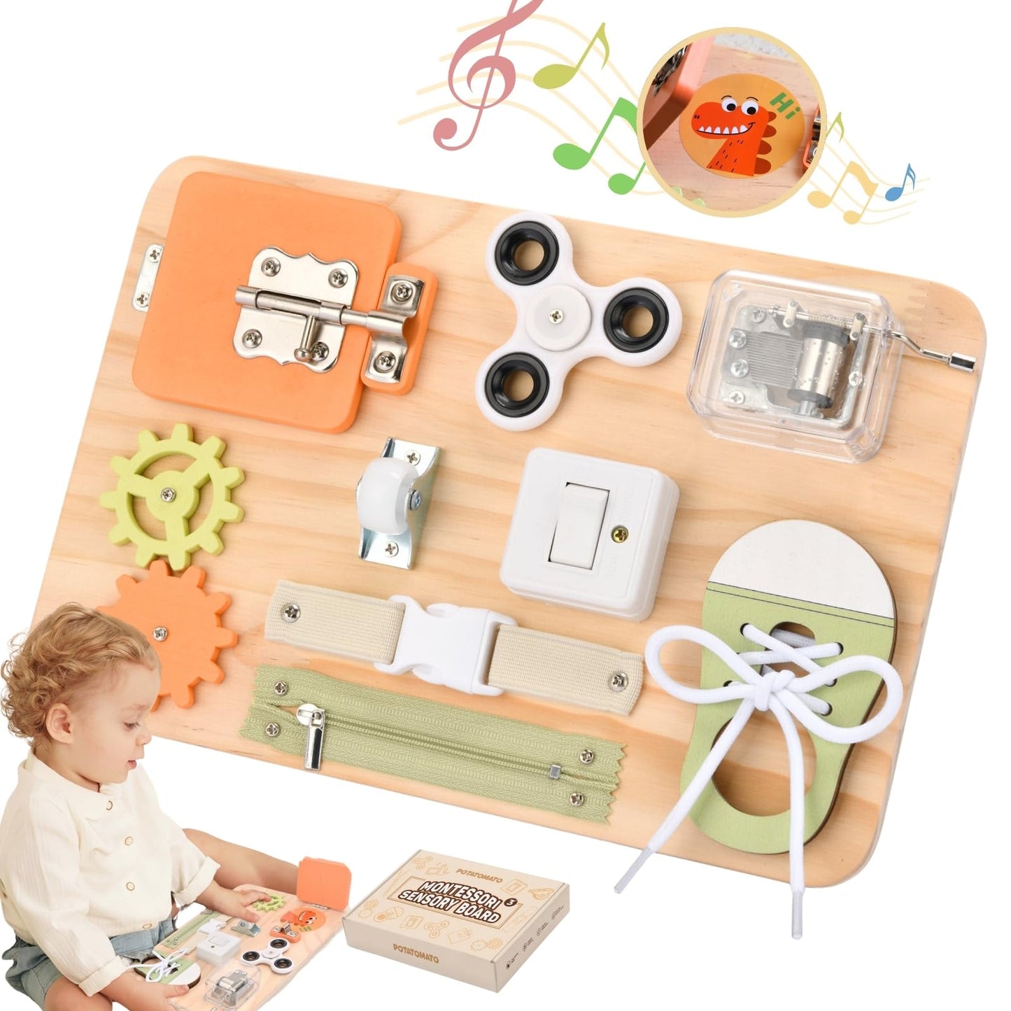 Potatomato Montessori Toys for Tooddlers-Wooden Busy Board - Educational Fidget Toy for Baby - Sensory Toys for Autistic Children - Preschool Activities - Fine Motor Skills – Travel Toy for 3 4 Years