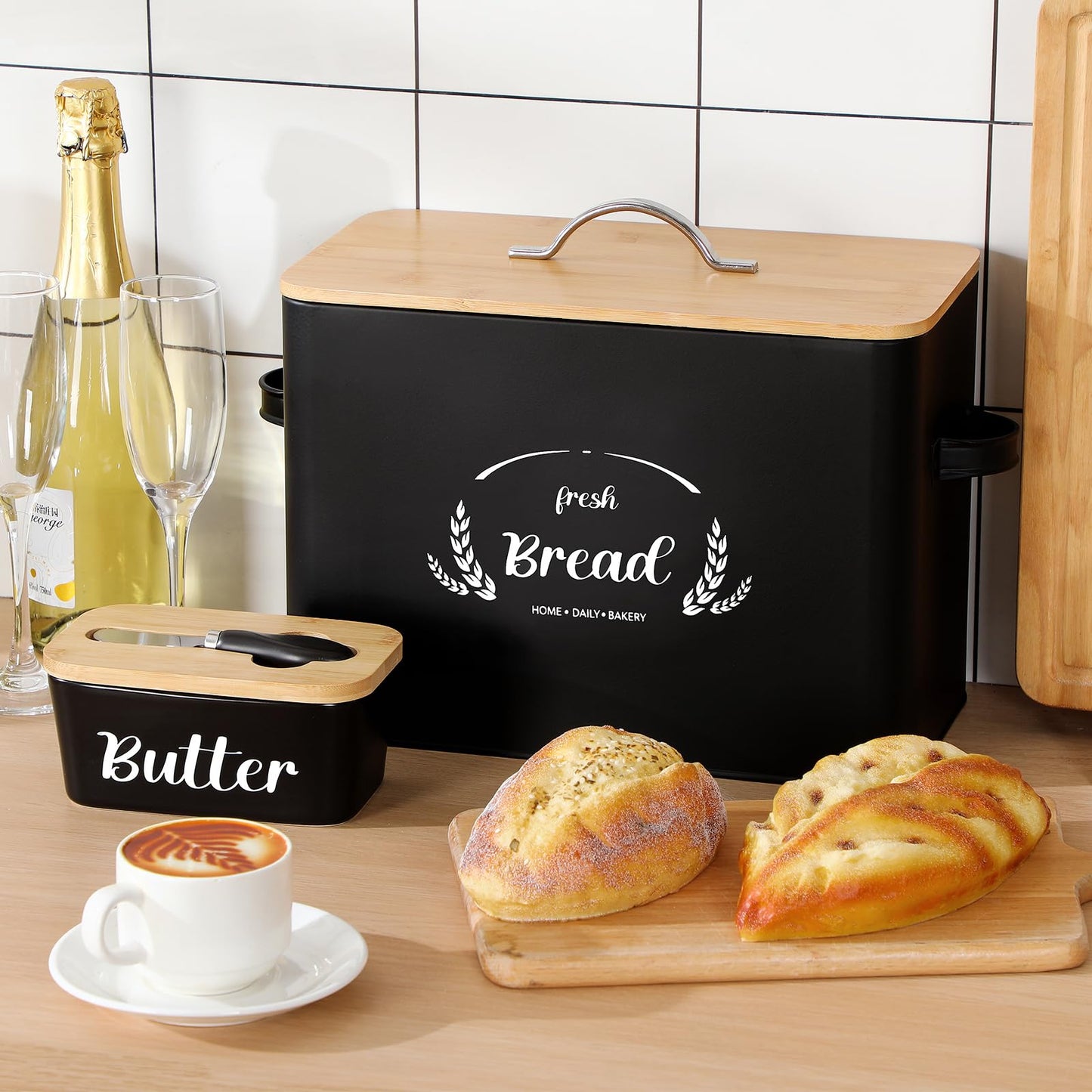 Qinyoung 2 Pcs Large Bread Box Set for Kitchen Countertop with Ceramic Butter Dish Holder Bamboo Lid Knife Metal Bread Holder Farmhouse Kitchen Storage Container for Home Housewarming Gift(Black)