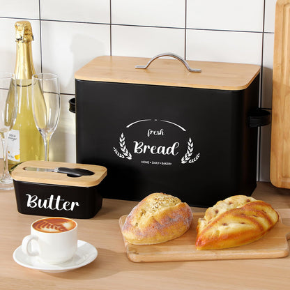 Qinyoung 2 Pcs Large Bread Box Set for Kitchen Countertop with Ceramic Butter Dish Holder Bamboo Lid Knife Metal Bread Holder Farmhouse Kitchen Storage Container for Home Housewarming Gift(Black)