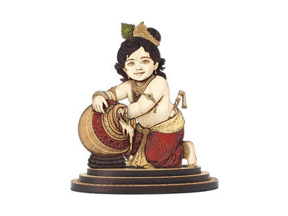 PLEASANTINO - 4 Inch Baby Krishna Makhan Chor Wood Carved Statue in Exotic Hard Woods - Multi Layered Hand Made Wooden Bal Gopal Kahna Idol for Car Dashboard, Home, Office, and Travel