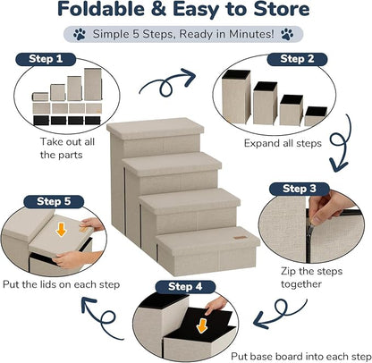 4-Step Wide Dog Stairs with Storage 23" H, Non-Slip Sturdy Pet Steps for High Bed Couch Window, Pet Stairs for Small/Medium/Large Old Dogs Cats Up to 220lbs, Cat Dog Steps for Car/SUV, Beige