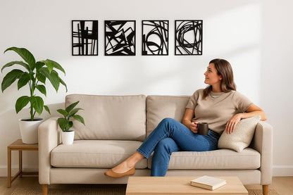 Modern Black Abstract Wall Art – 4 Panel Set (16x11”) – Minimalist Metal Artwork for Living Room, Bedroom, Office – Contemporary Home Decor, Easy to Hang