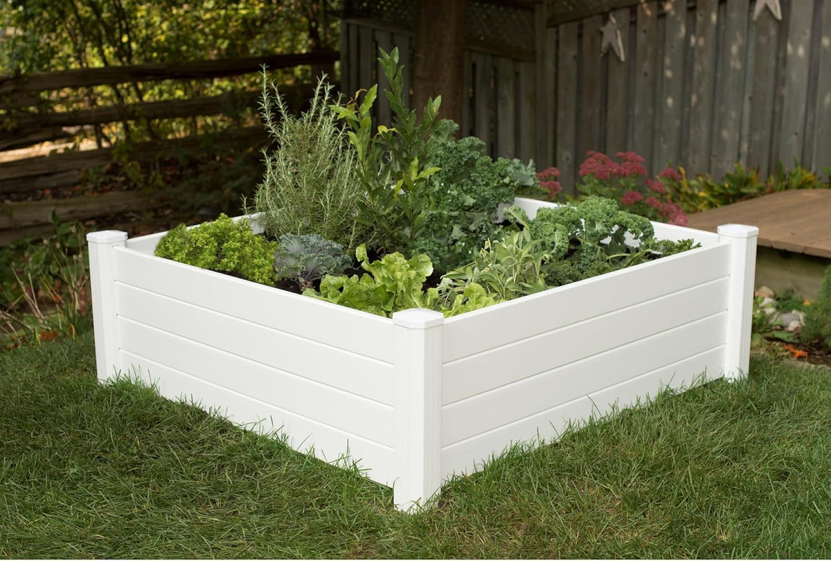 NuVue Products 26001 Premium Outdoor Raised Garden Bed for Growing Edible Plants and Flowers, BPA-Free Woodgrain Panel Elevated Planter Box, 48” L x 48” W x 15” H, White