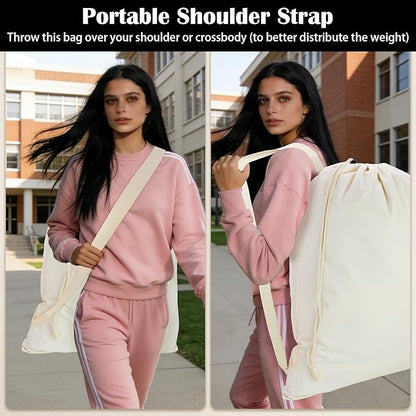 Canvas Laundry Bag with shoulder Strap 24"W x 29"H, Large Drawstring Dirty