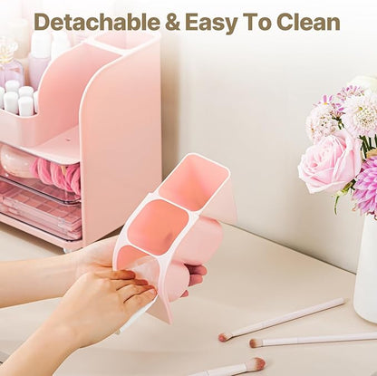 Makeup Organizer with Brush Holder, Makeup Organizer Countertop with 2 Drawers, Make up Organizers for Vanity, Vanity Organizer, Makeup Storage For Skin Cares,Makeup Brushes,Lipsticks,Perfumes(Pink)