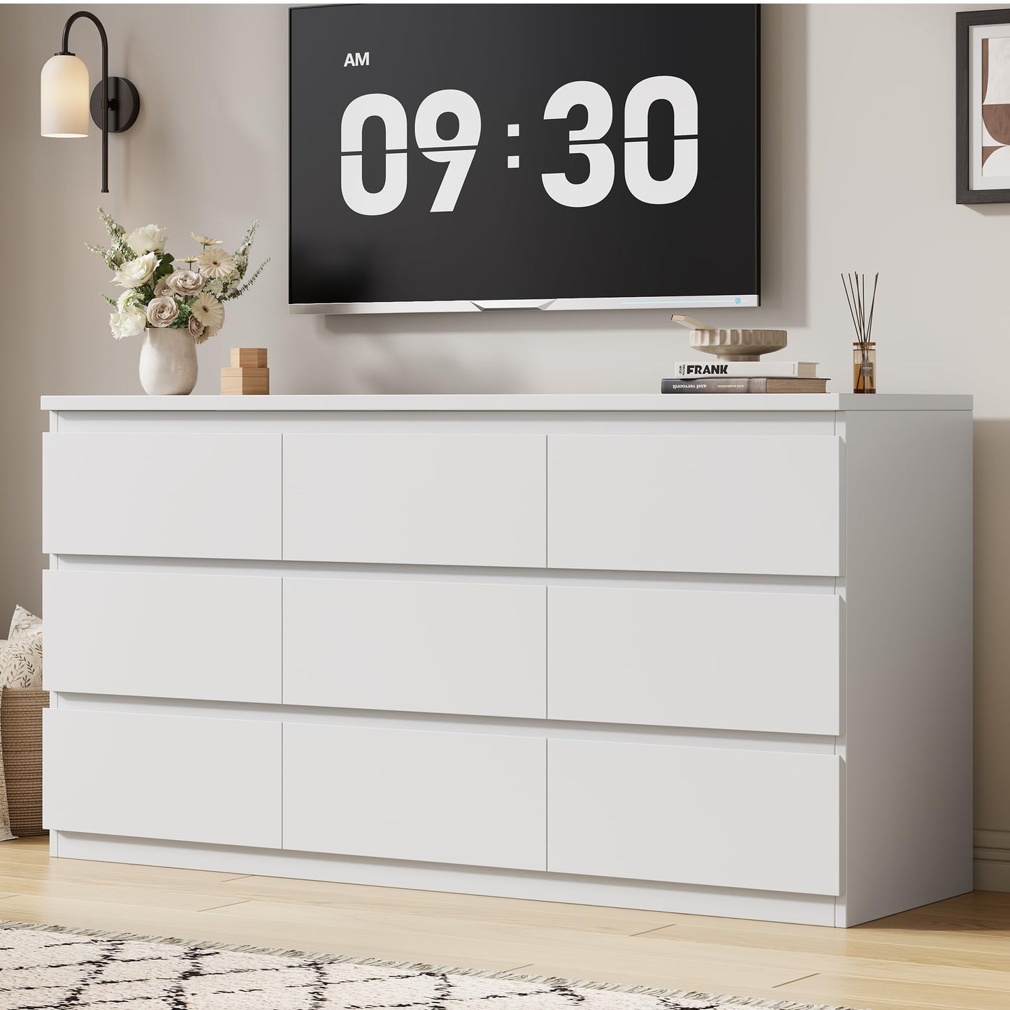 Jocoevol Modern White 9 Drawer Dresser for Bedroom, Simply Chest of Drawers, Wood Storage Dresser with Deep Drawers for Living Room Hallway Entryway (White)
