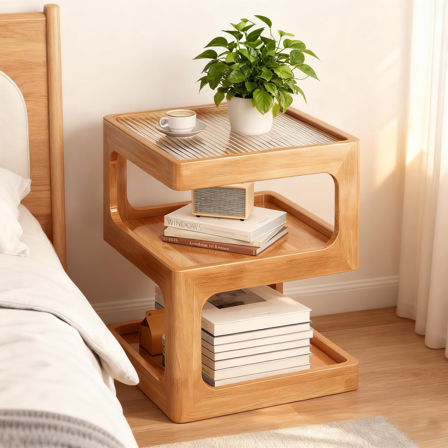 GIATUEE 3-Tier Nightstand with Storage, Modern Wooden Side Table End Table No Assembly Required, Bedside Organizer with Open Shelves for Bedroom, Living Room, Office(Wood-35cm)