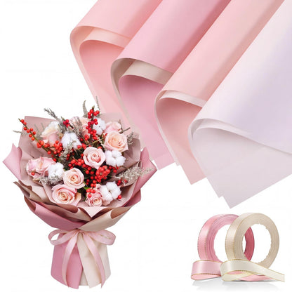 Gersoniel 36 Sheets Double Sided Waterproof Bouquet Wrapping Paper with 2 Rolls Satin Ribbon for Wedding Mother's Day 2026 Graduation Birthday DIY Flower Packing(Pink Series)