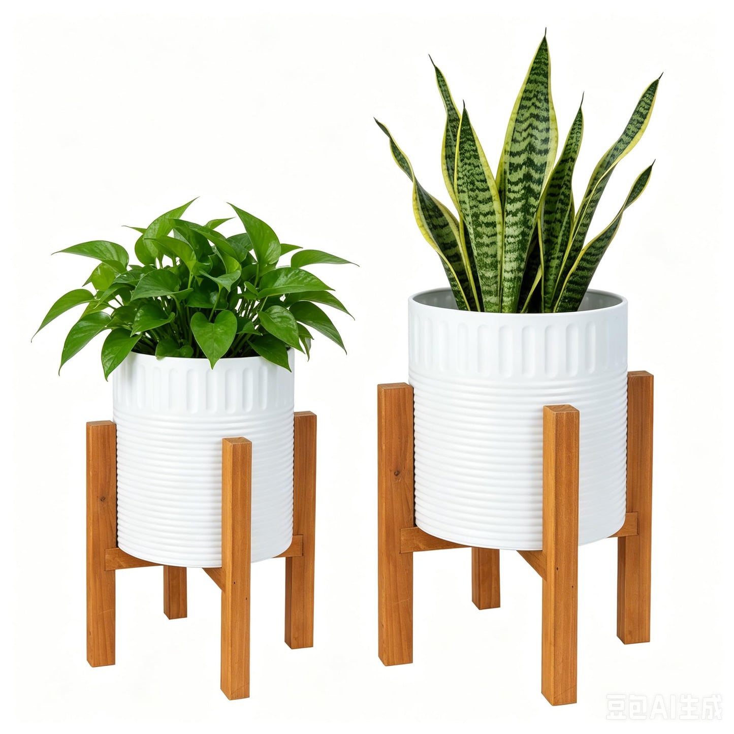 Chonsun 2-Piece White Metal Planter Set with Wood Stand, Indoor Mid Century Modern Planters with Drainage, 8" & 10"