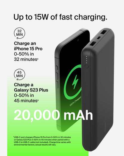 Belkin Portable Charger, USB-C Power Bank 20000 mAh w/ 2 USB-A Ports, 15W w/ Type-A to Type-C Cable - iPhone 17, Air, Pro, Pro Max, AirPods, Apple Watch, Samsung Galaxy S25, Google Pixel 10 - Black
