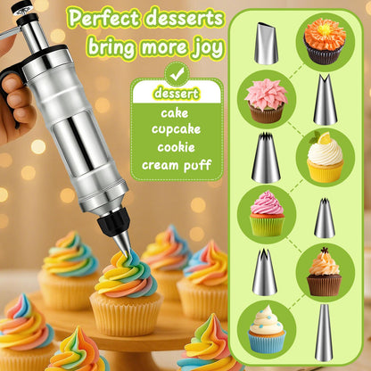 FANTEXY Dessert Decorating Syringe Set, Stainless Steel Icing Piping Kit Cake Decorating Tools with 6 Piping Icing Nozzles Cupcake Decorating Kit